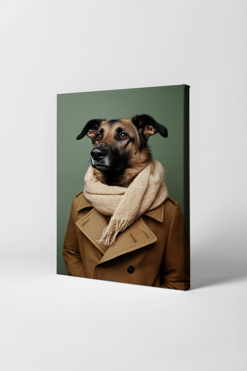 Fotografie Poster Hund bekleidet Schal Mantel naturfarben