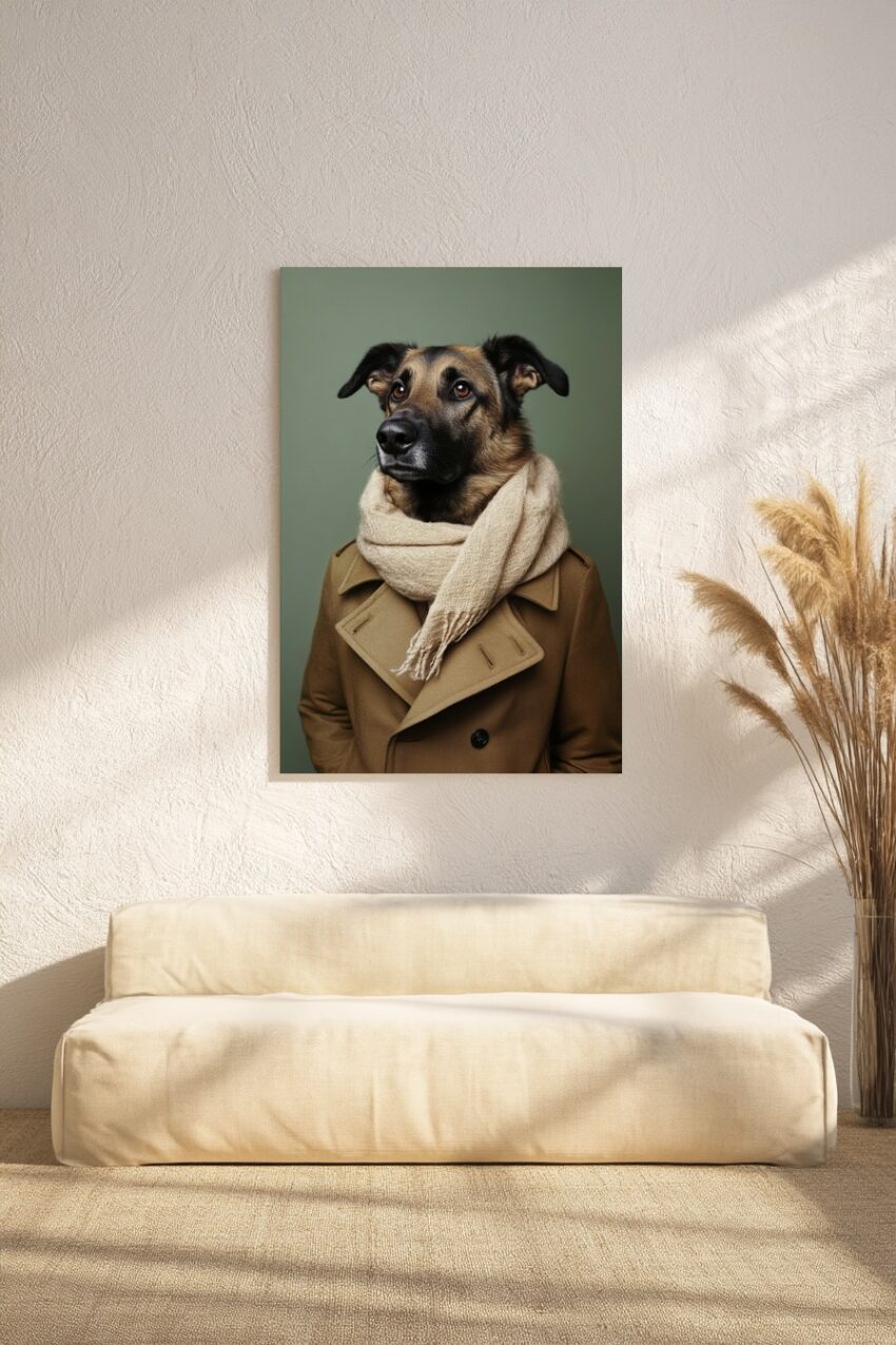 Fotografie Poster Hund bekleidet Schal Mantel naturfarben