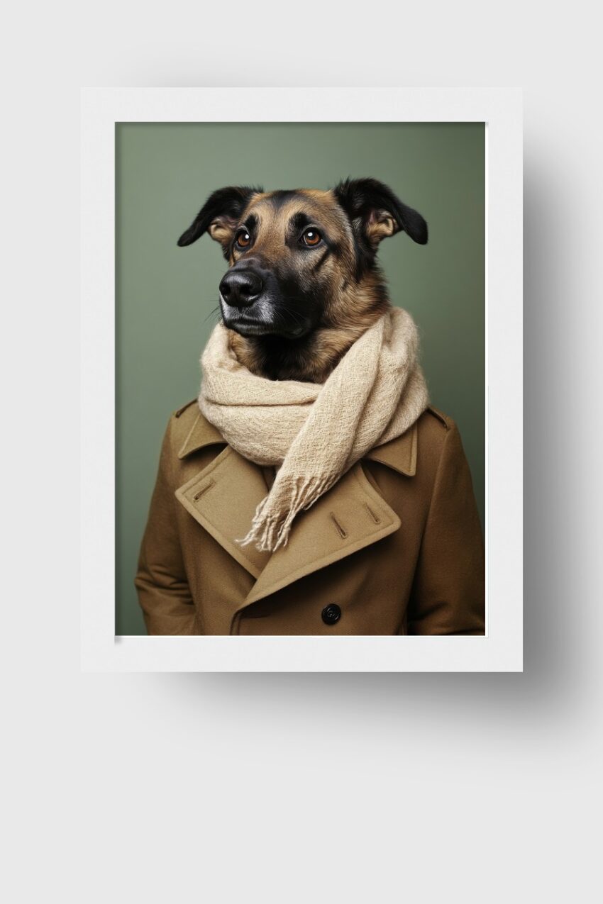Fotografie Poster Hund bekleidet Schal Mantel naturfarben