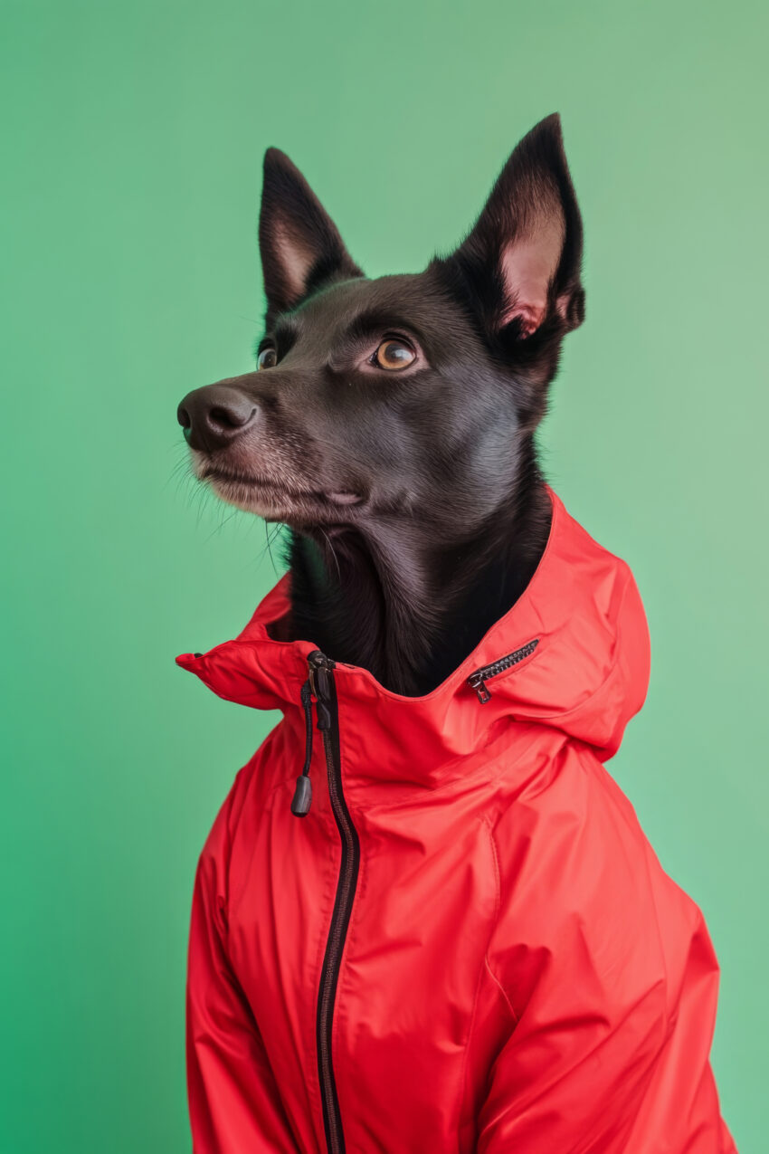 Fotografie Poster Hund roter Anorak sichtbarer Kontrast