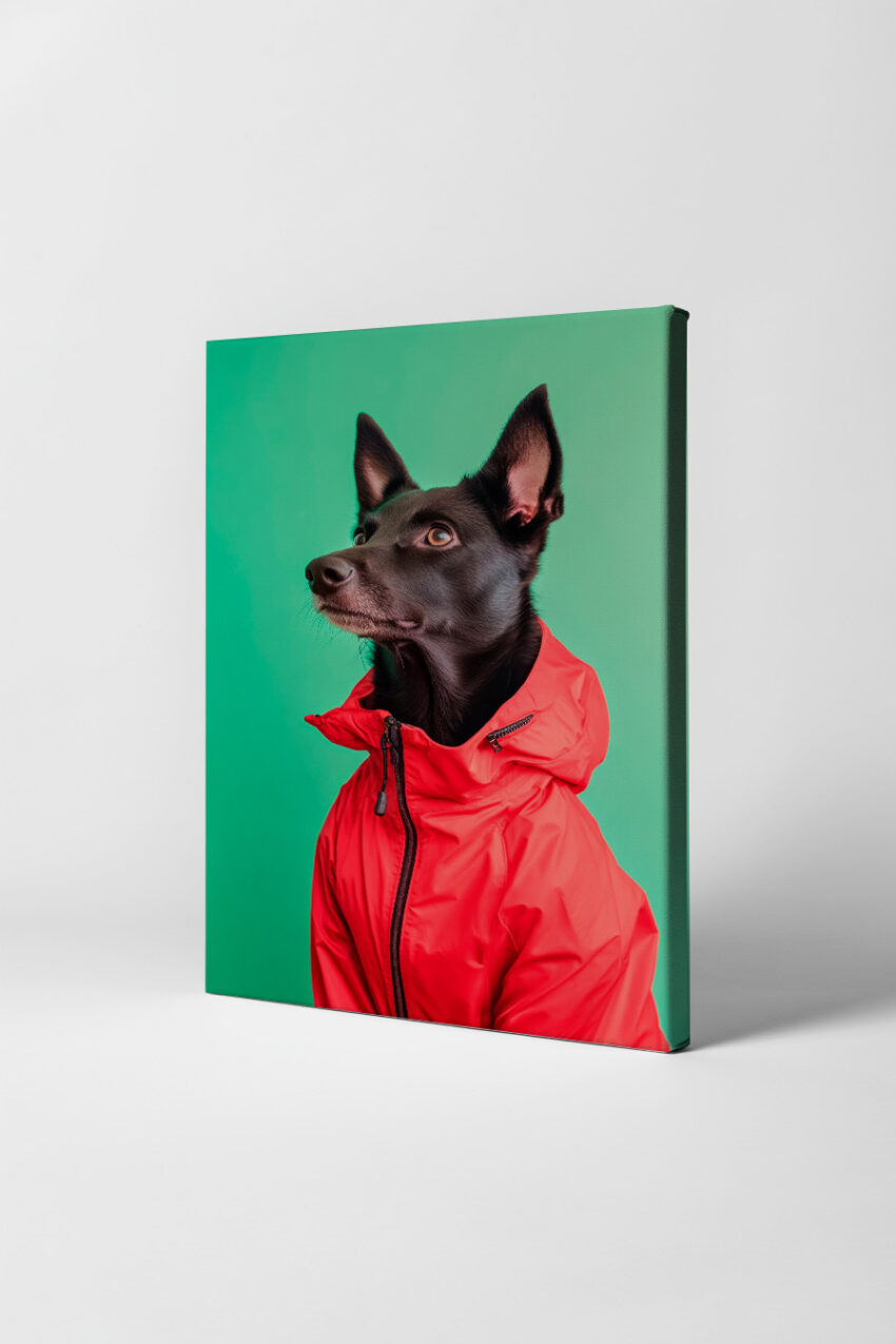Fotografie Poster Hund roter Anorak sichtbarer Kontrast