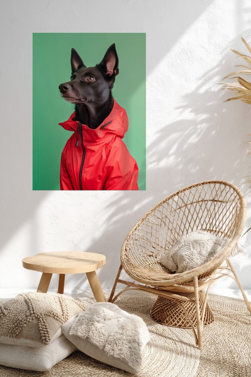 Fotografie Poster Hund roter Anorak sichtbarer Kontrast