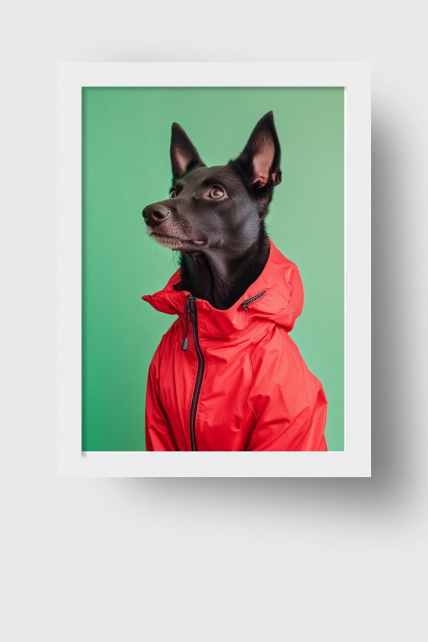 Fotografie Poster Hund roter Anorak sichtbarer Kontrast
