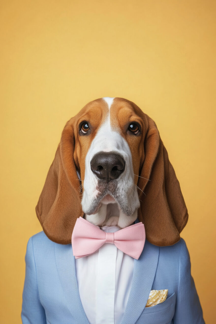 Fotografie Poster Basset Hound elegant formell blau rosa