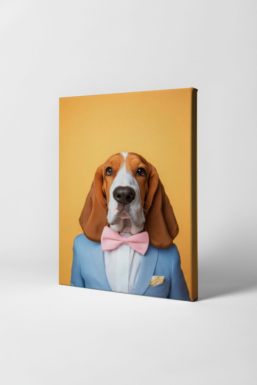 Fotografie Poster Basset Hound elegant formell blau rosa