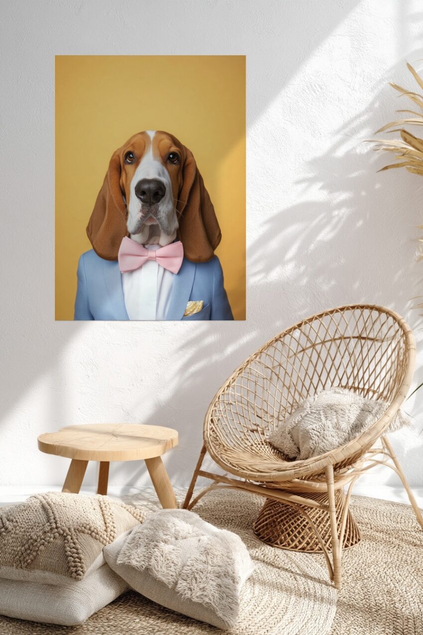 Fotografie Poster Basset Hound elegant formell blau rosa
