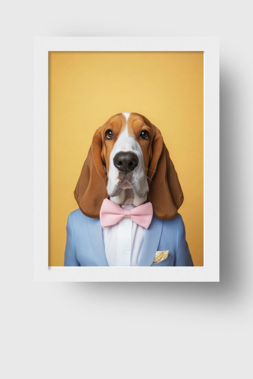 Fotografie Poster Basset Hound elegant formell blau rosa