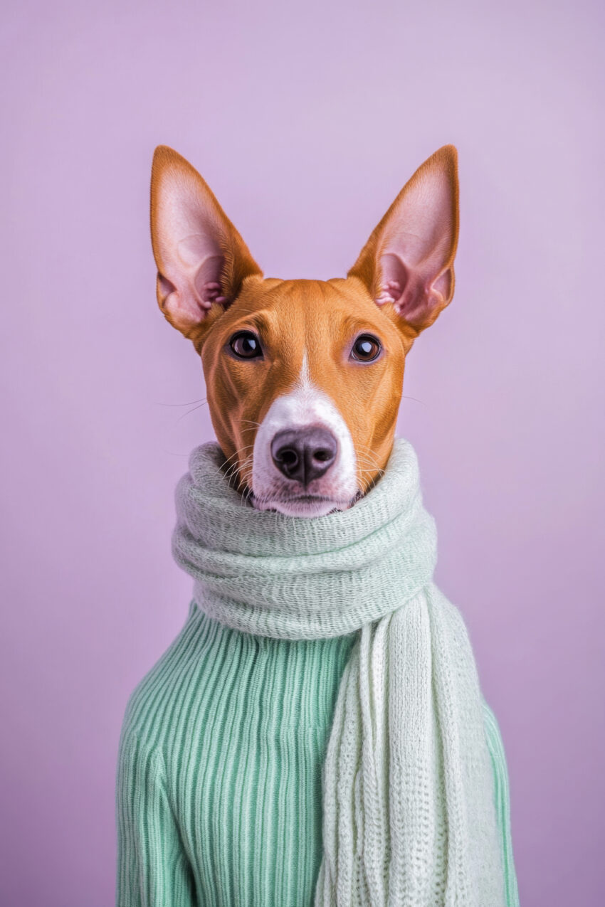 Fotografie Poster Hund mit Schal Pullover lila Hintergrund