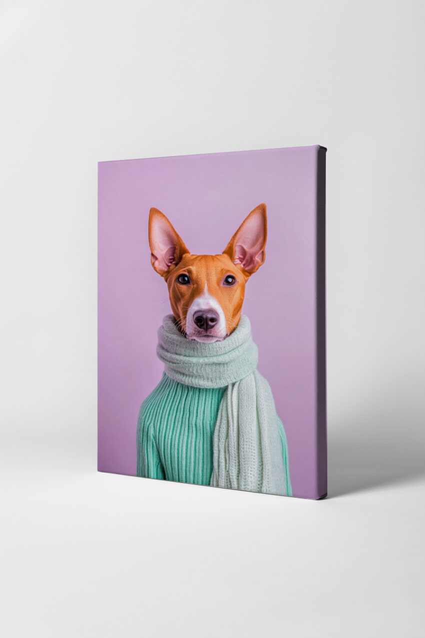 Fotografie Poster Hund mit Schal Pullover lila Hintergrund