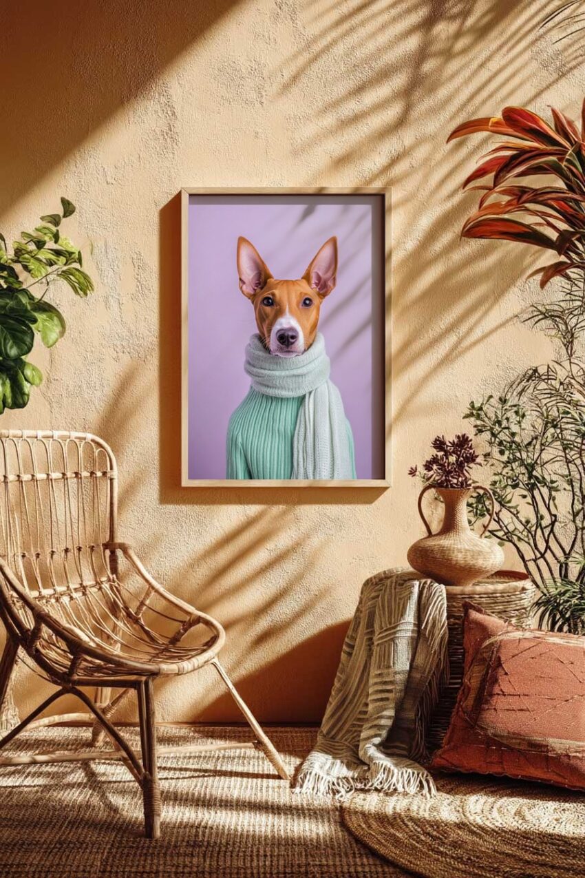 Fotografie Poster Hund mit Schal Pullover lila Hintergrund