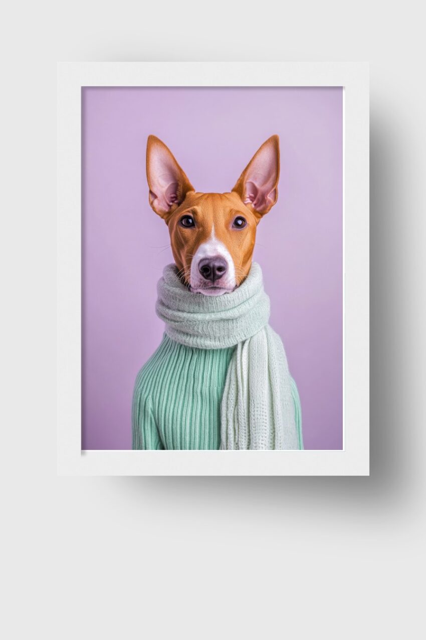 Fotografie Poster Hund mit Schal Pullover lila Hintergrund