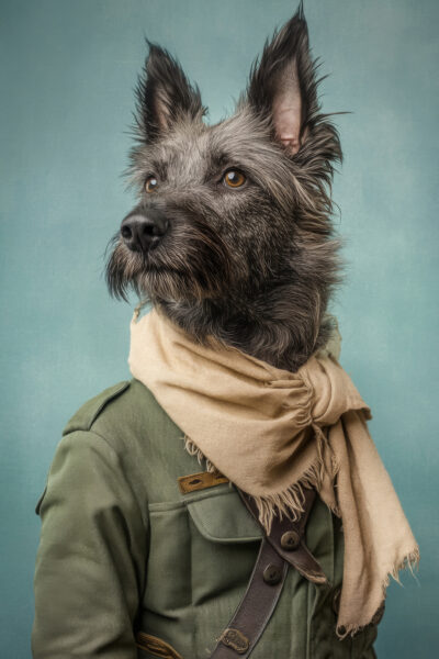 Hund im Militärmantel Poster