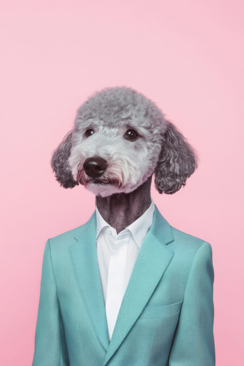 Fotografie Poster Pudel Hund Anzug grau rosa