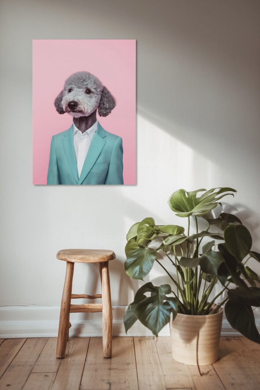 Fotografie Poster Pudel Hund Anzug grau rosa