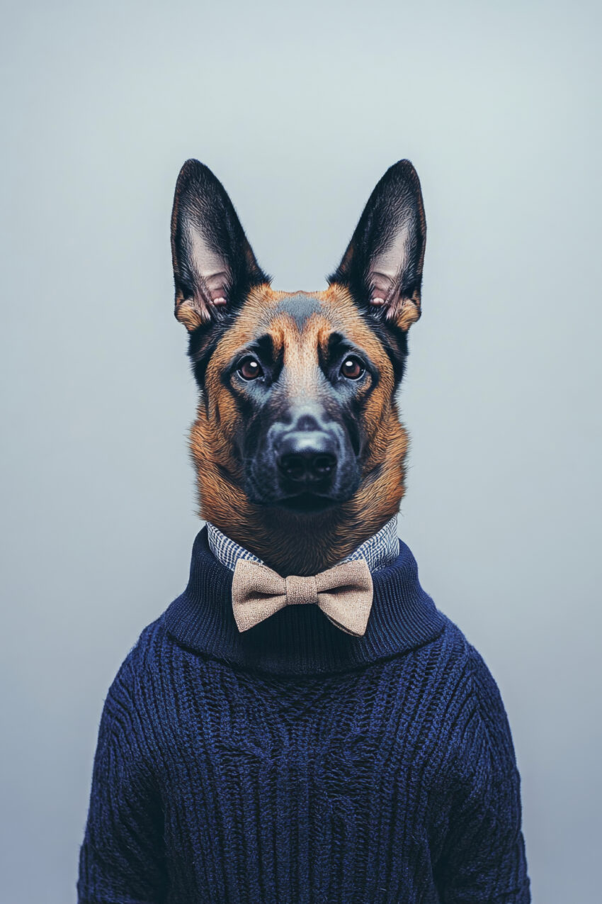 Fotografie Poster Schäferhund mit Fliege Portrait dunkelblau