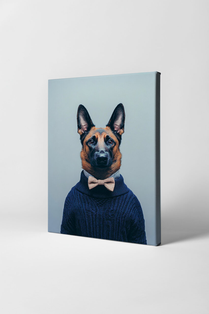 Fotografie Poster Schäferhund mit Fliege Portrait dunkelblau