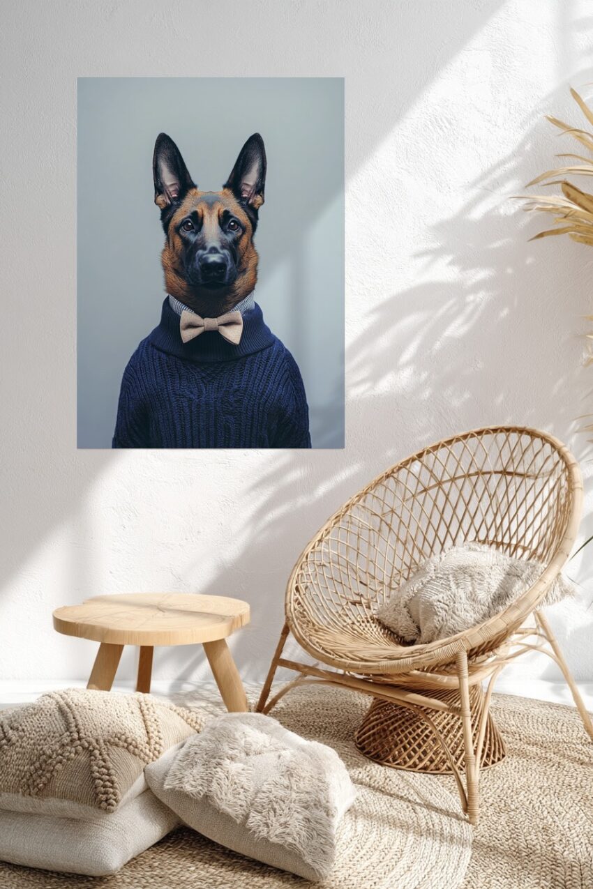 Fotografie Poster Schäferhund mit Fliege Portrait dunkelblau