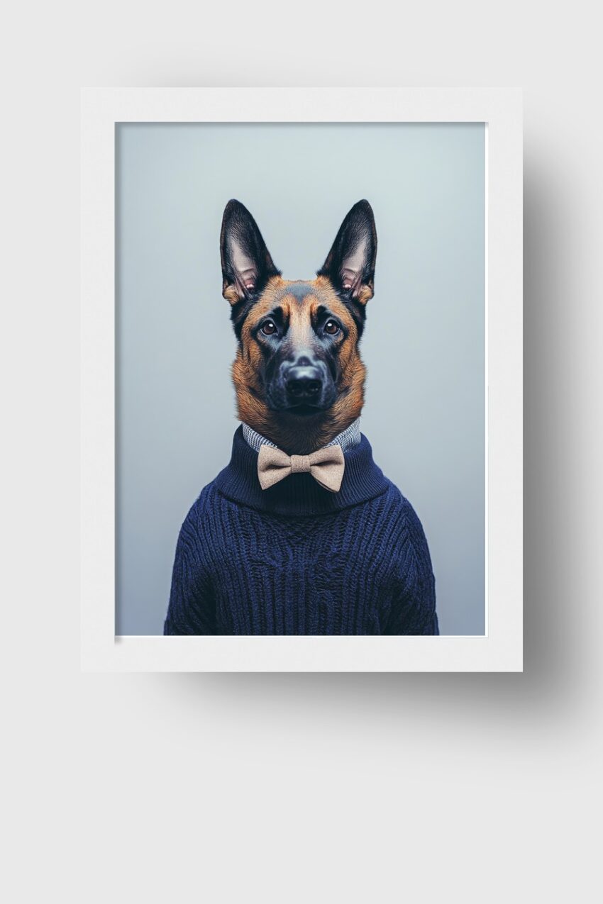 Fotografie Poster Schäferhund mit Fliege Portrait dunkelblau