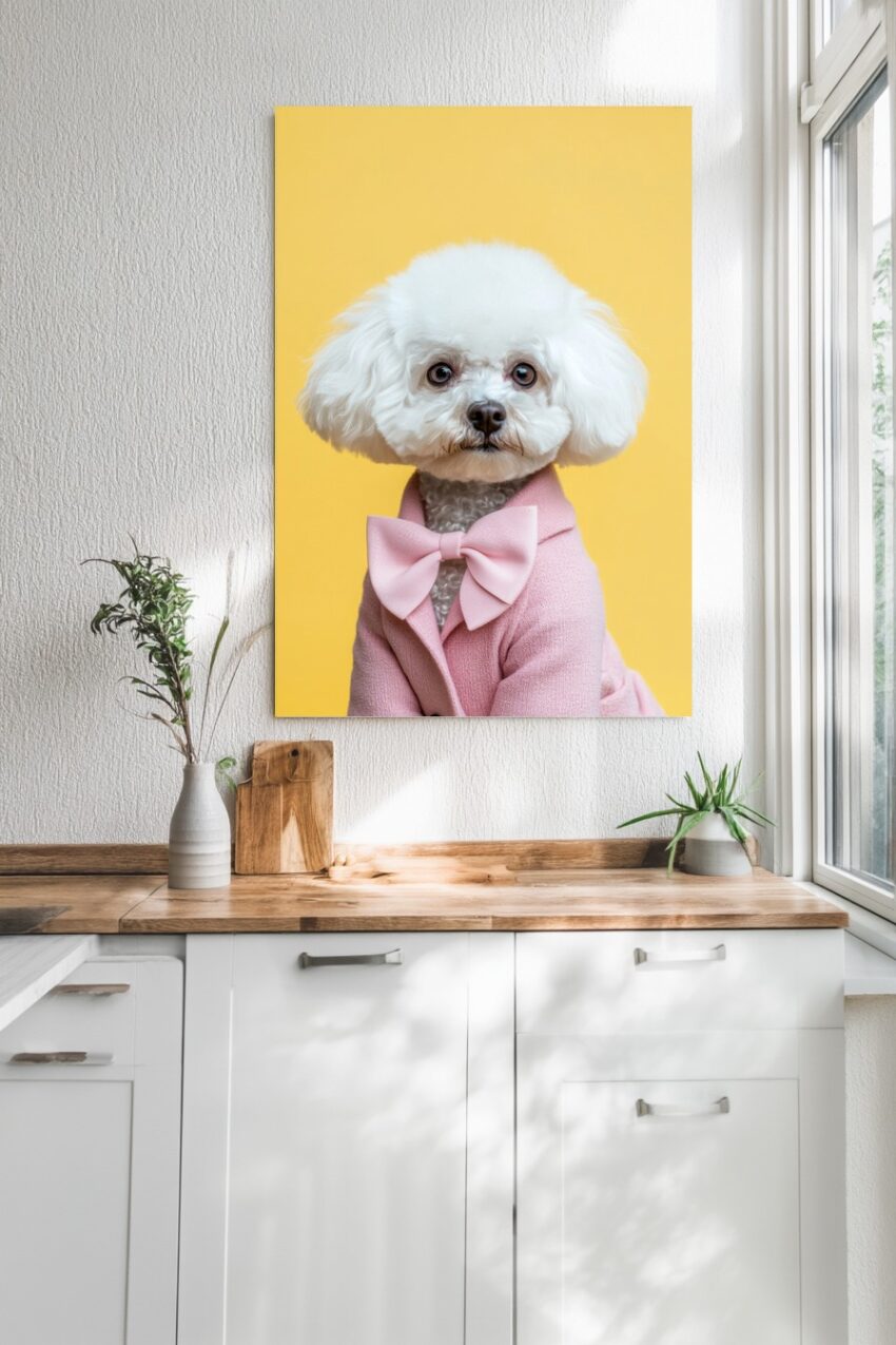 Fotografie Poster Pudel mit Fliege weiß rosa gelb