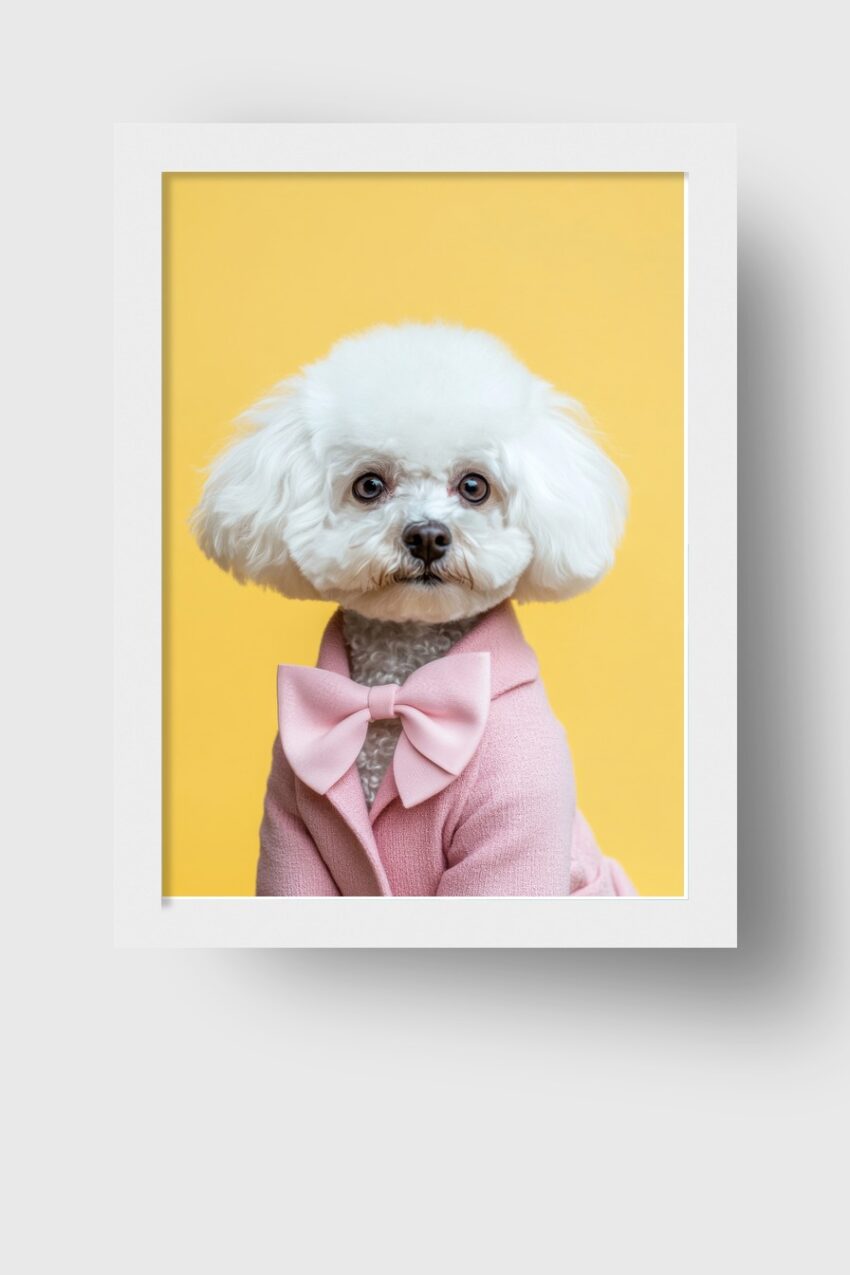 Fotografie Poster Pudel mit Fliege weiß rosa gelb