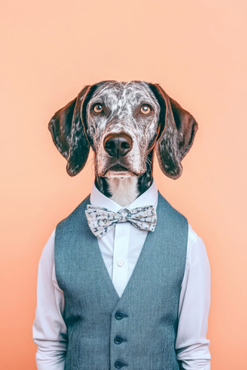 Fotografie Poster Hund mit Fliege und Weste elegant pfirsich