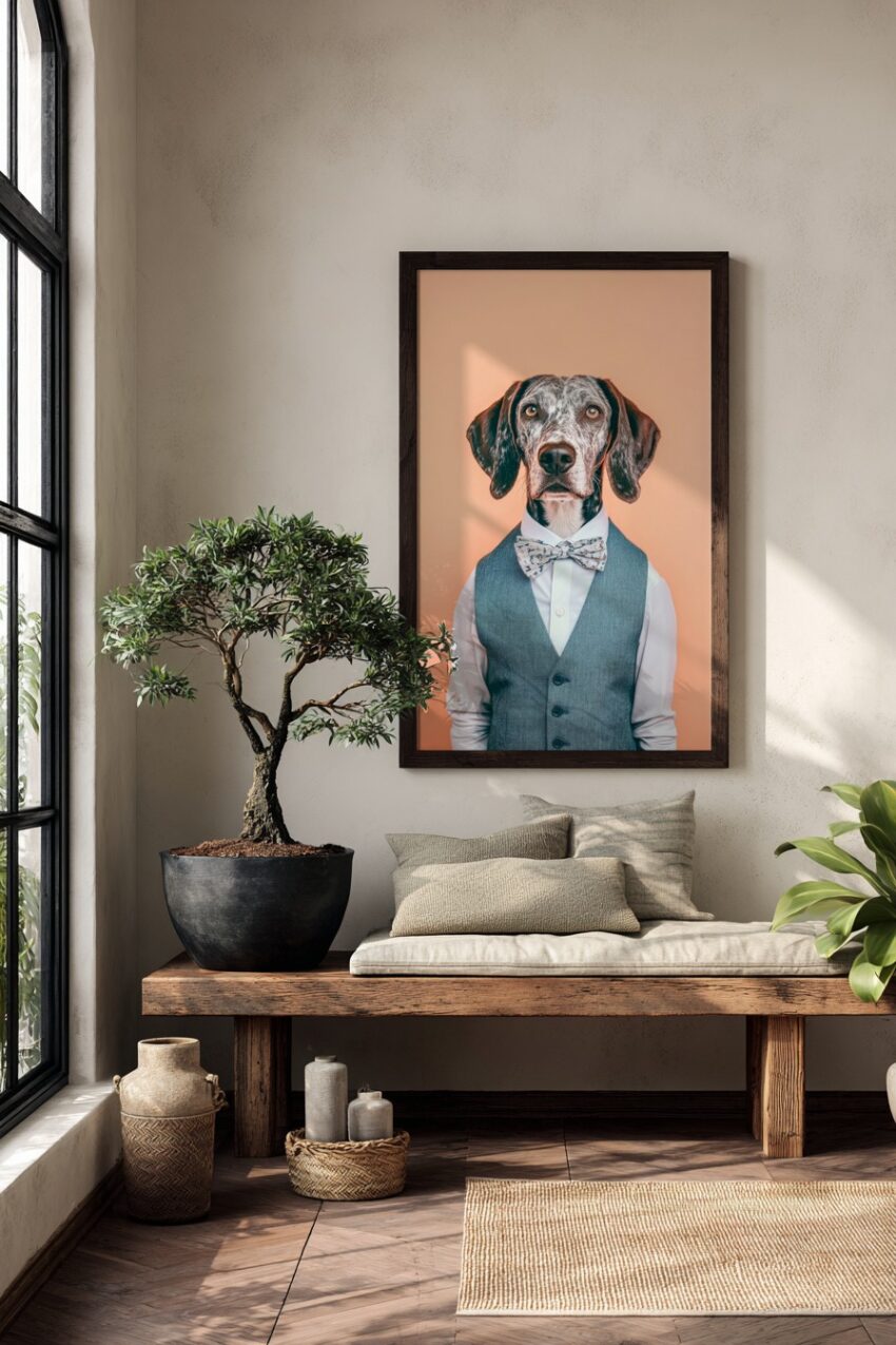 Fotografie Poster Hund mit Fliege und Weste elegant pfirsich