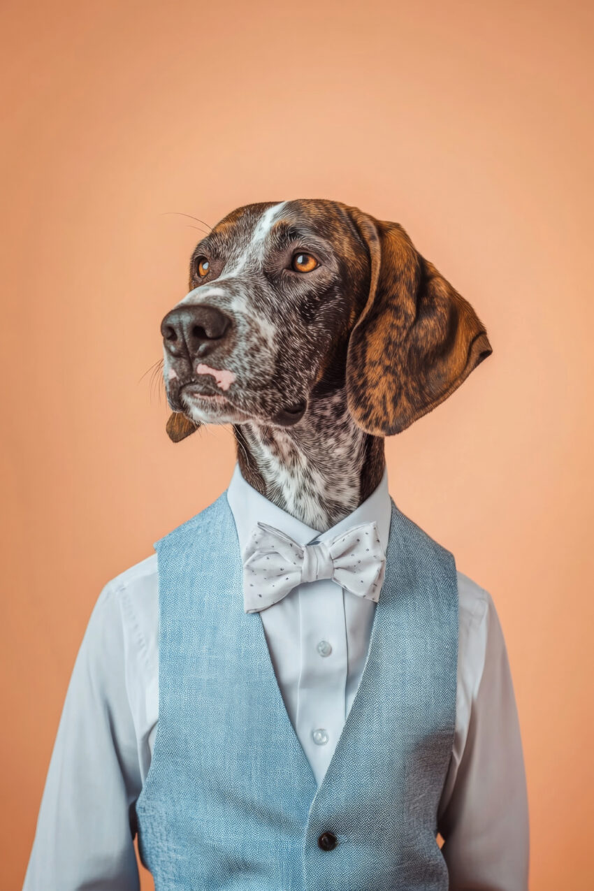 Fotografie Poster Hund mit Fliege und Weste braun weiß elegant