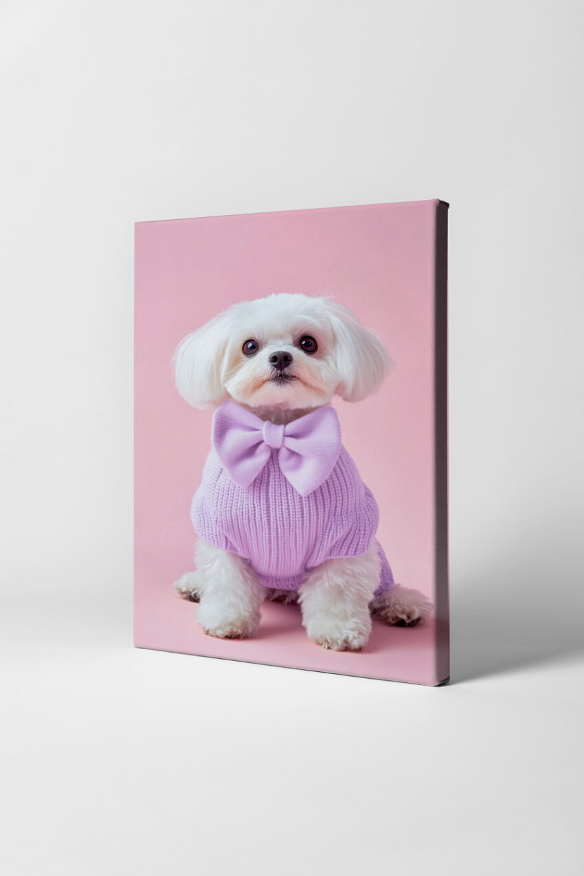 Fotografie Poster Hund weiß lila Schleife minimal
