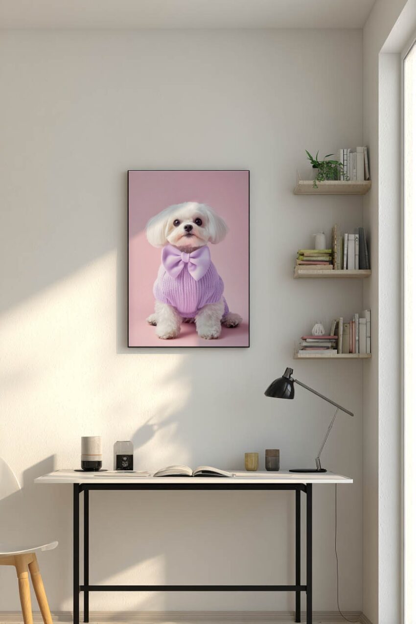 Fotografie Poster Hund weiß lila Schleife minimal
