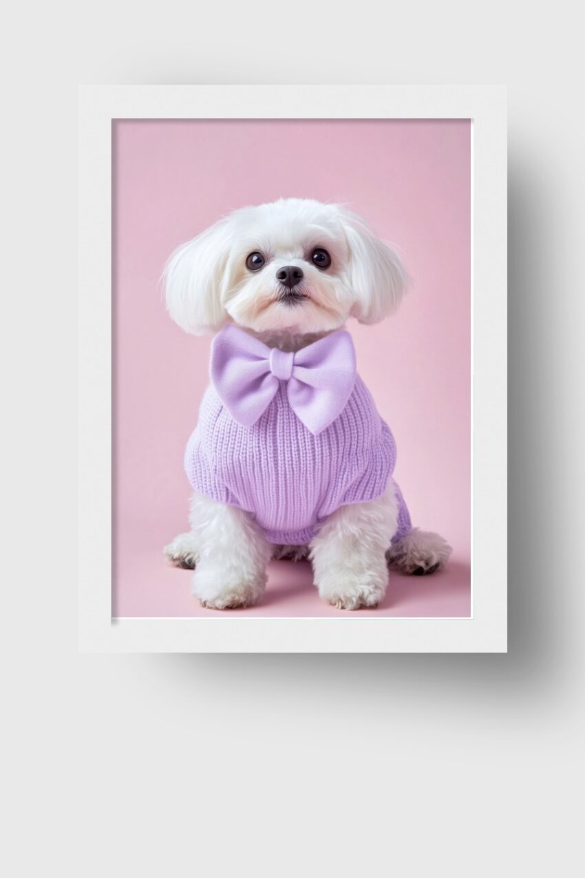 Fotografie Poster Hund weiß lila Schleife minimal