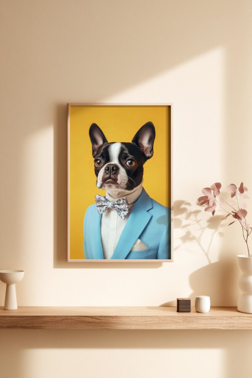 Fotografie Poster Hund Frontal blau gelb
