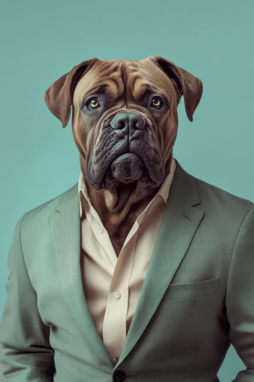 Fotografie Poster Dogge Businesshund ernst Anzug grau