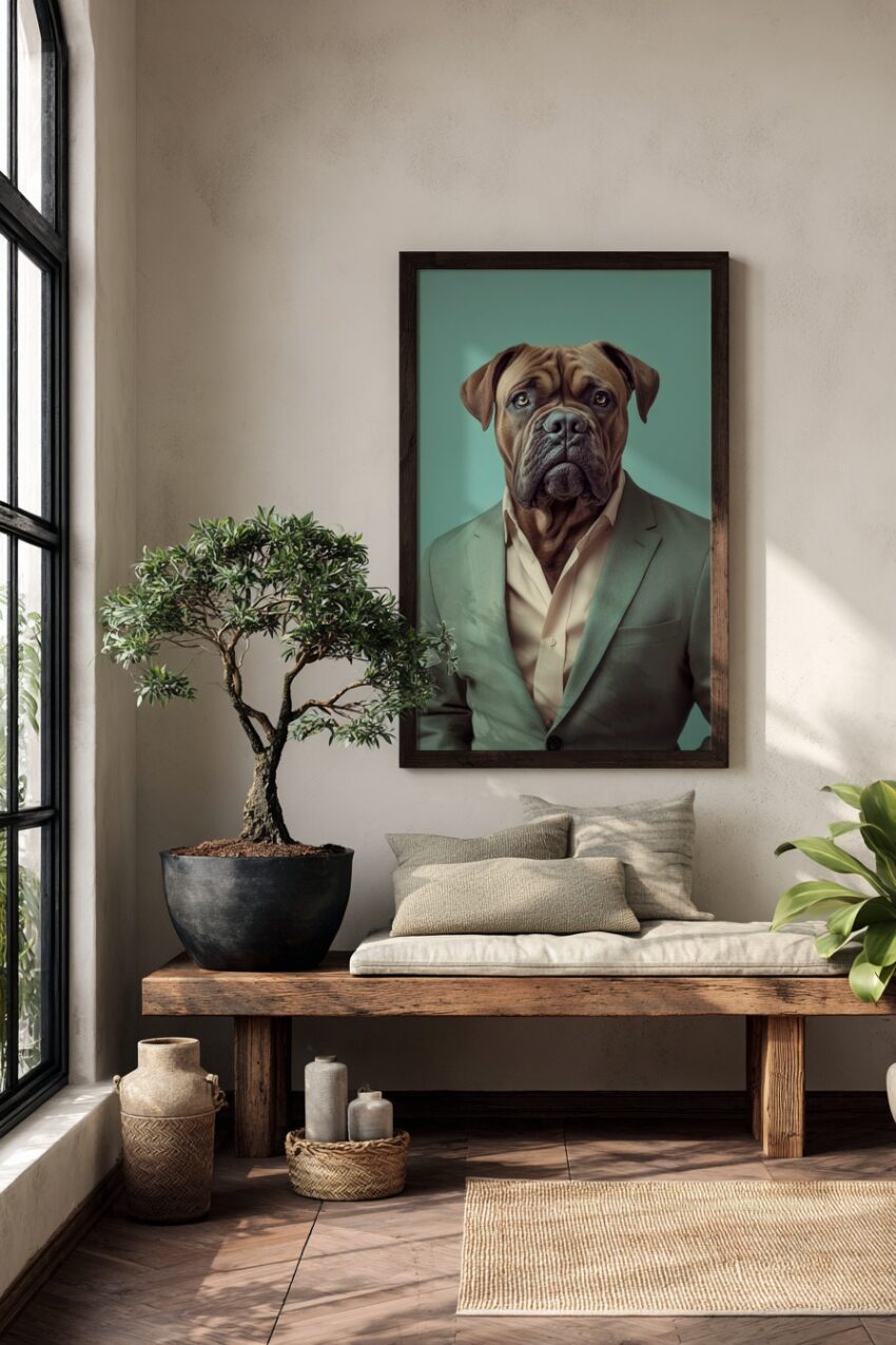Fotografie Poster Dogge Businesshund ernst Anzug grau