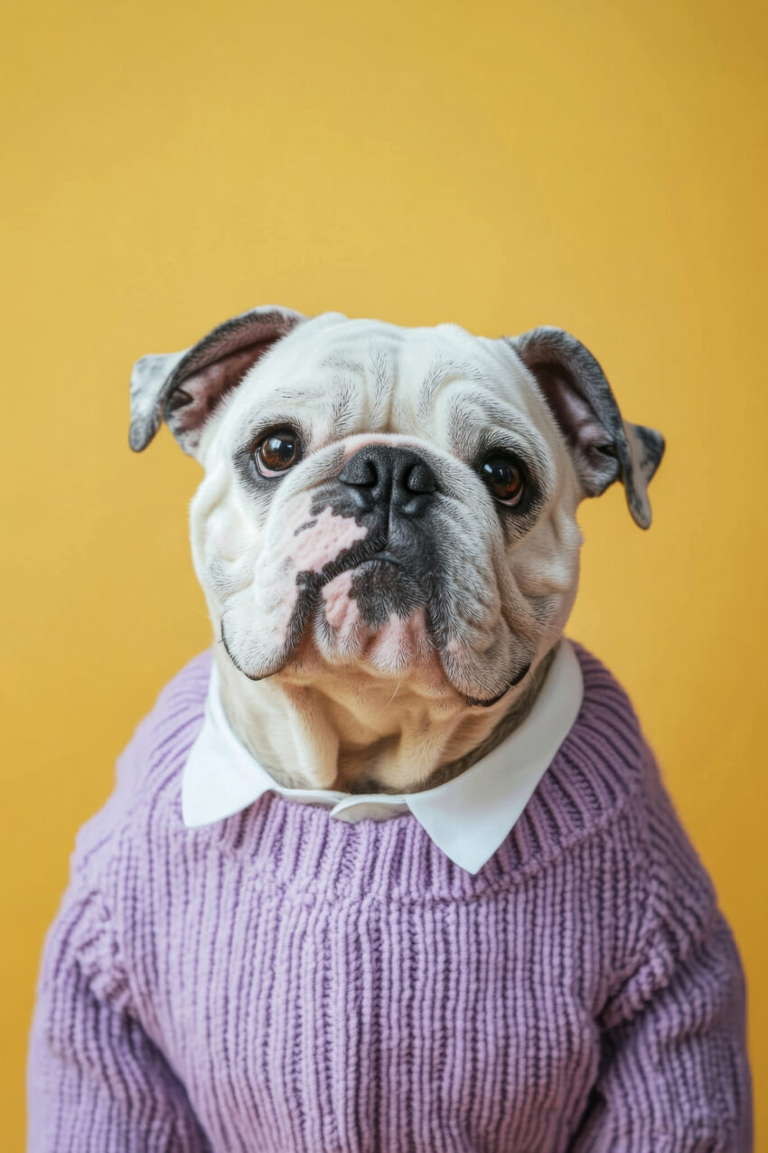 Fotografie Poster Bulldogge weiß Pullover gelb