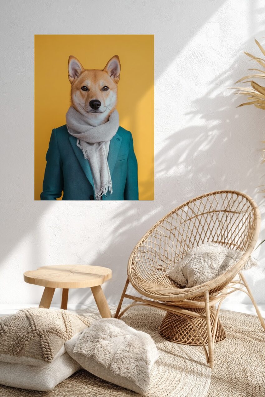 Fotografie Poster Shiba Inu Hund grün Jackett gelb