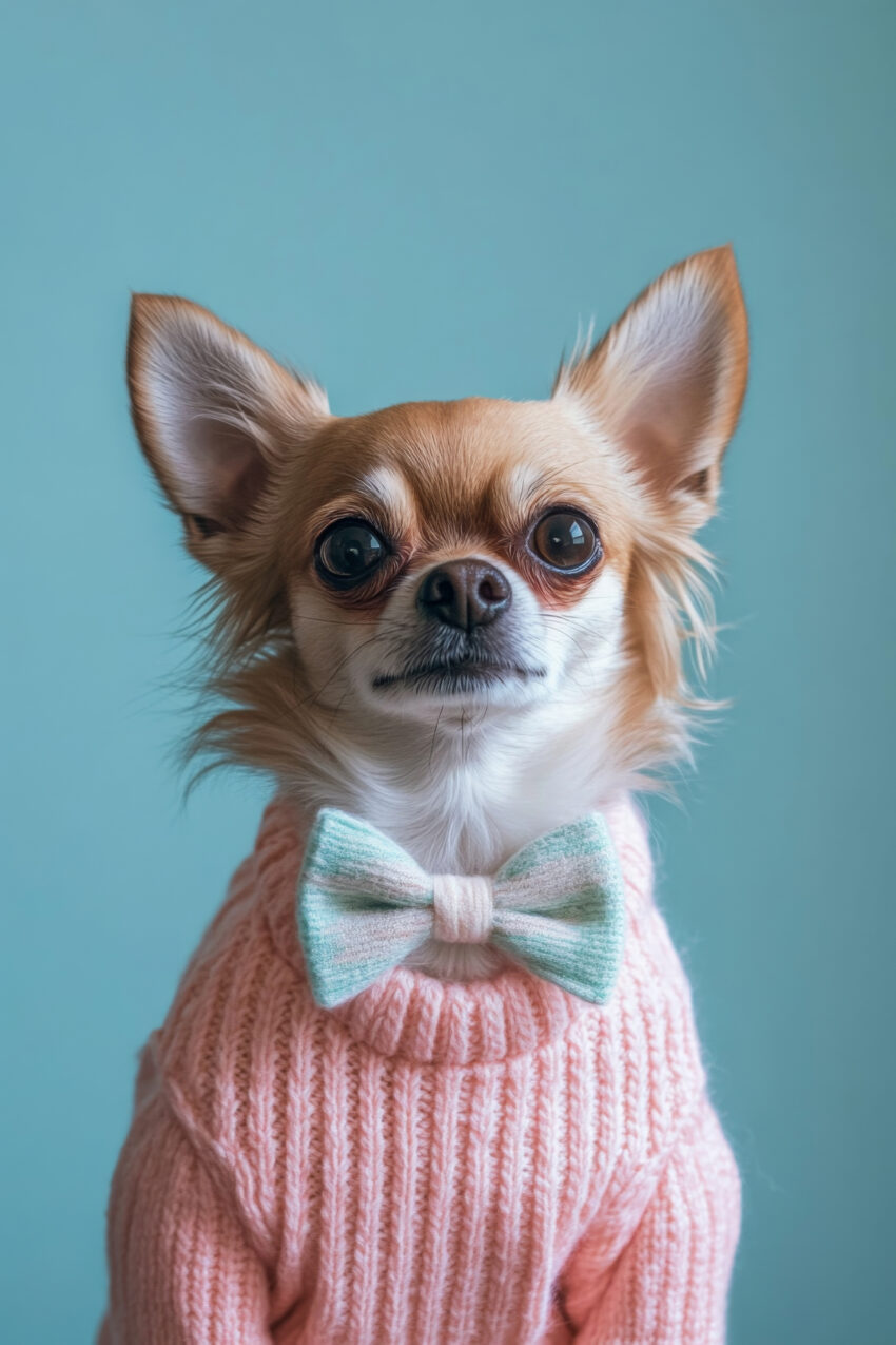 Fotografie Poster Chihuahua Schleife rosa Pullover blau