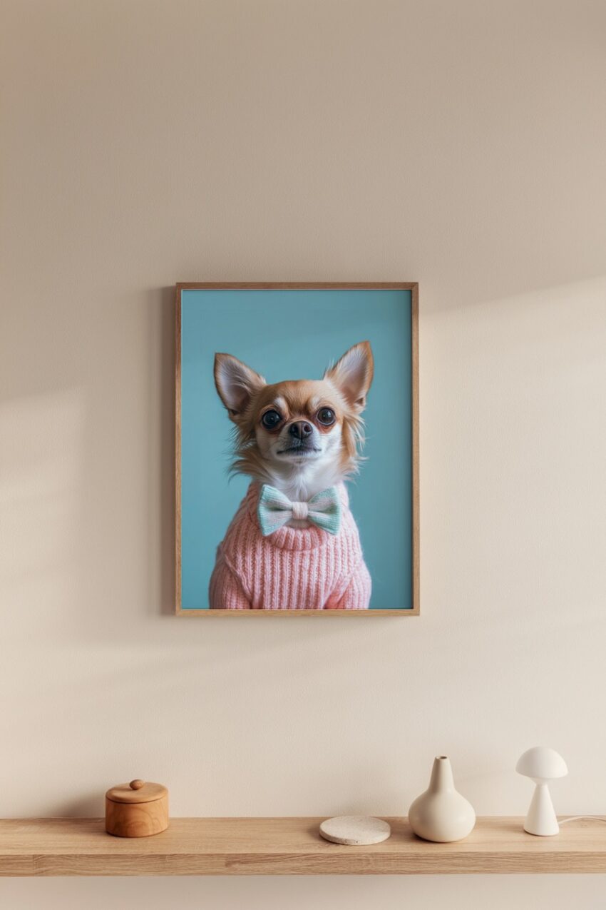 Fotografie Poster Chihuahua Schleife rosa Pullover blau