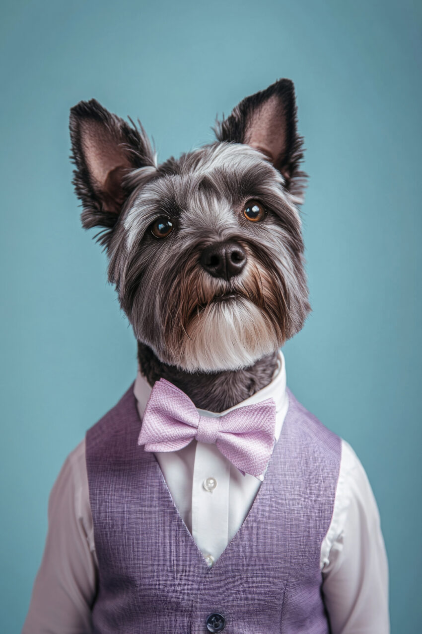 Fotografie Poster Hund Anzug lila Fliege blau