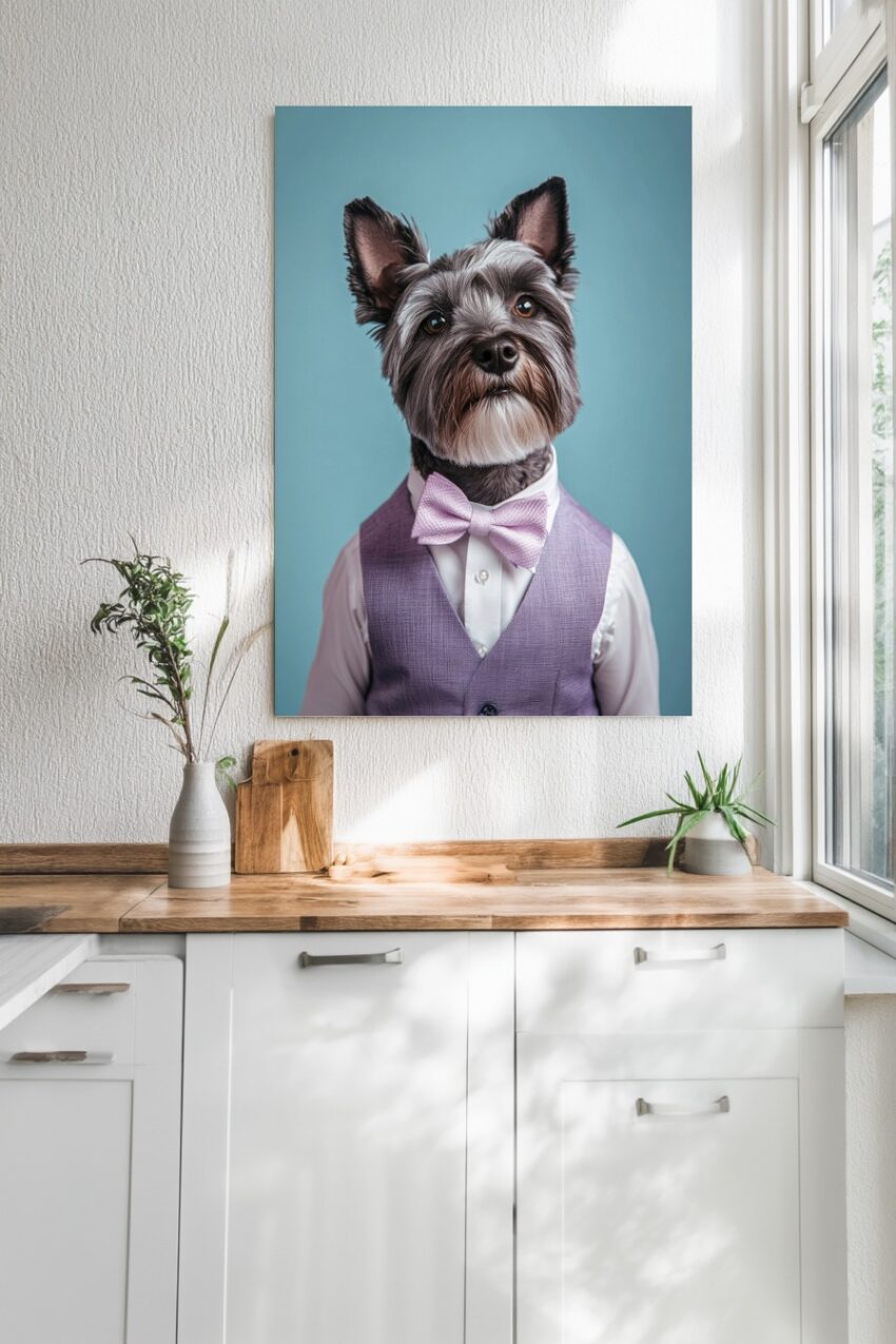 Fotografie Poster Hund Anzug lila Fliege blau