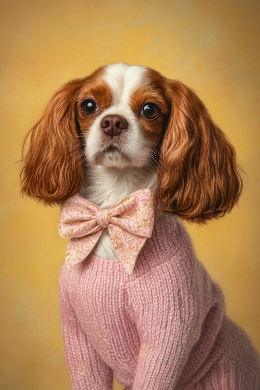 Fotografie Poster Hündin Fliege rosa Pullover warm