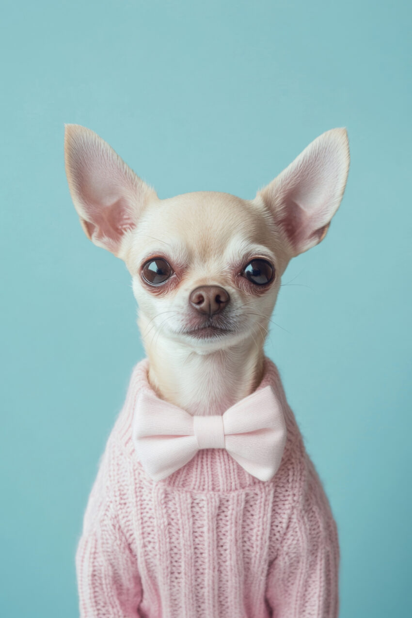 Fotografie Poster Chihuahua Portrait rosa Fliege pastellblau
