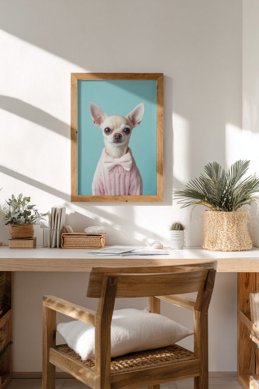 Fotografie Poster Chihuahua Portrait rosa Fliege pastellblau