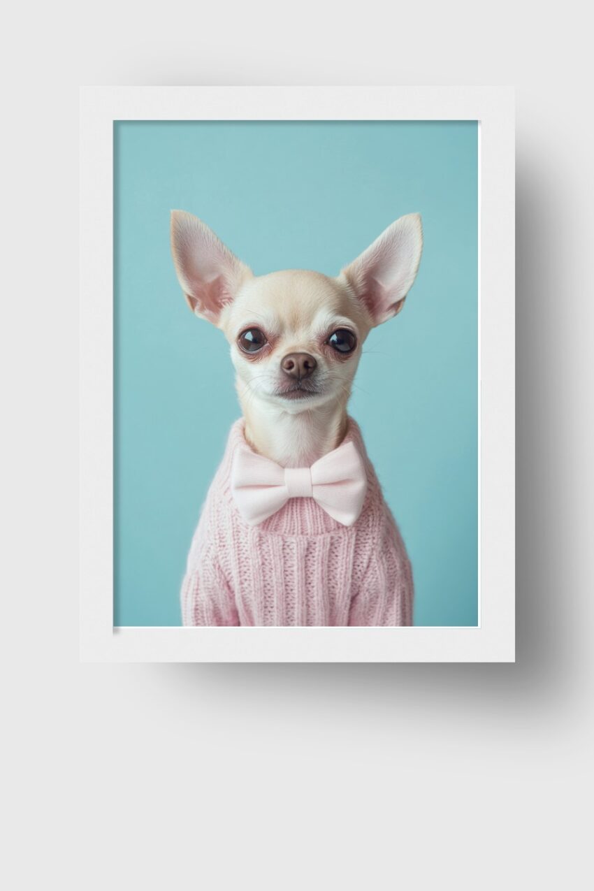 Fotografie Poster Chihuahua Portrait rosa Fliege pastellblau