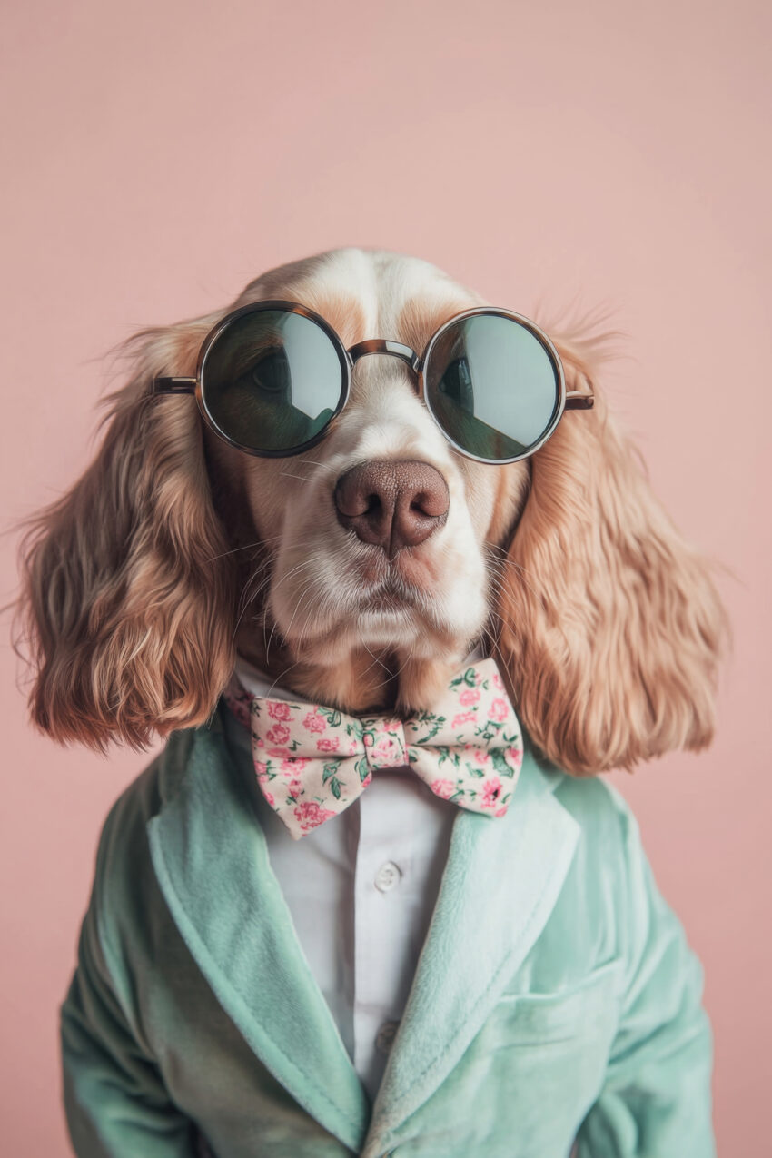 Fotografie Poster Hund mit Sonnenbrille und Fliege Pastell