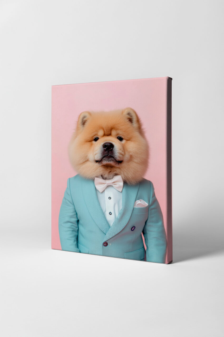 Fotografie Poster Chow Chow Hund Anzug Fliege blau rosa