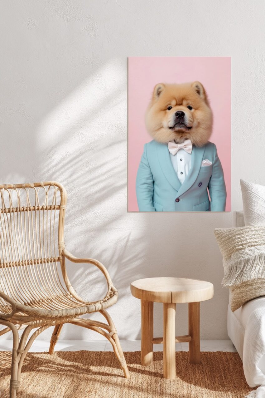 Fotografie Poster Chow Chow Hund Anzug Fliege blau rosa