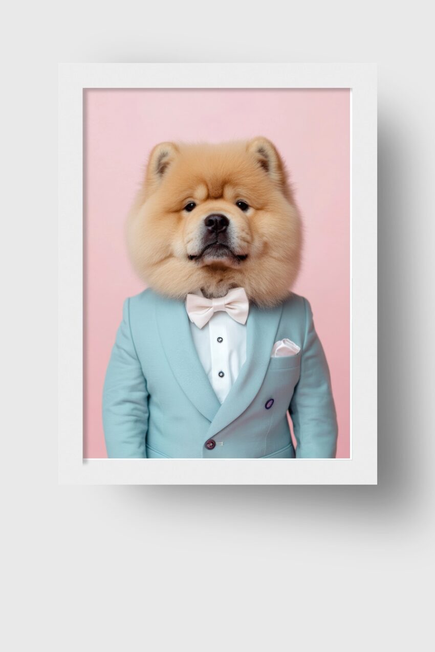 Fotografie Poster Chow Chow Hund Anzug Fliege blau rosa