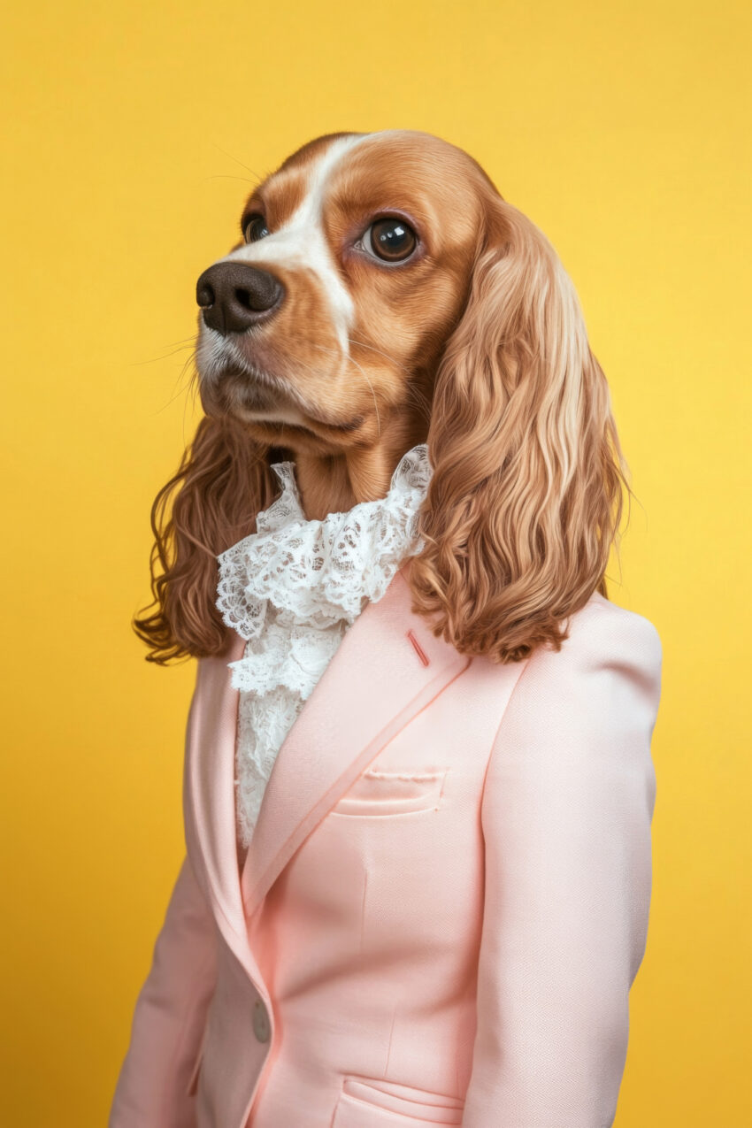 Fotografie Poster Cockerspaniel Hund elegant Anzug rosa gelb