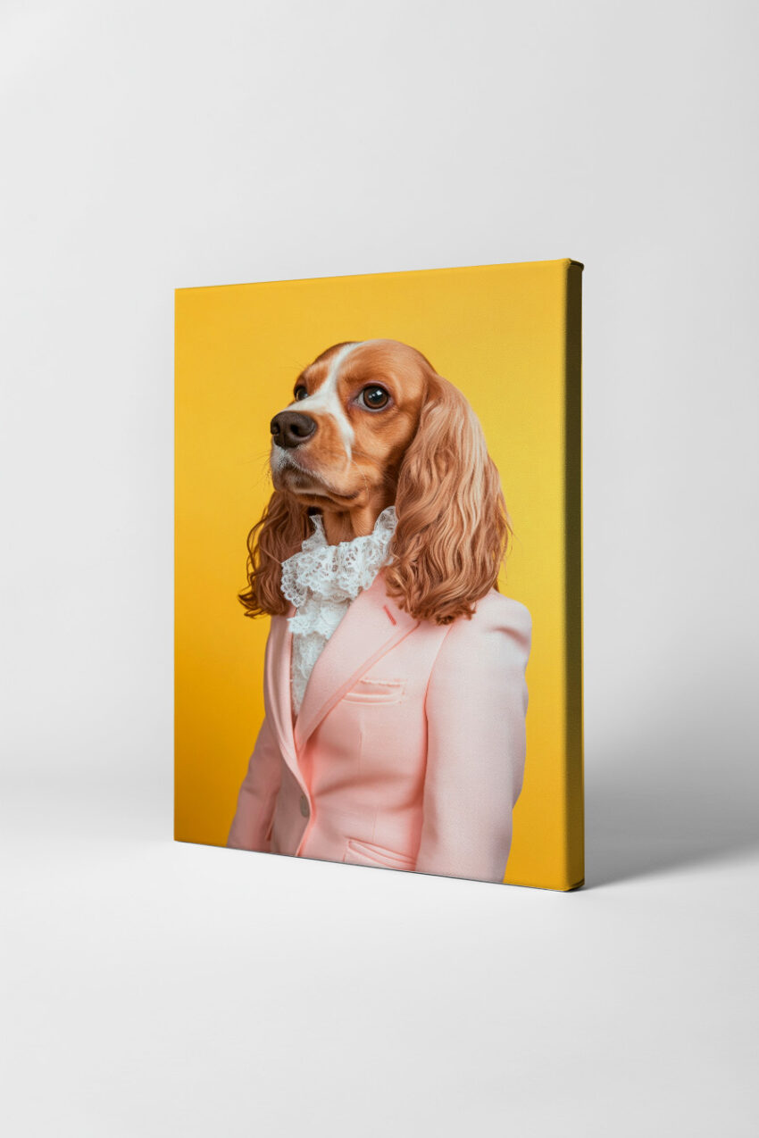 Fotografie Poster Cockerspaniel Hund elegant Anzug rosa gelb