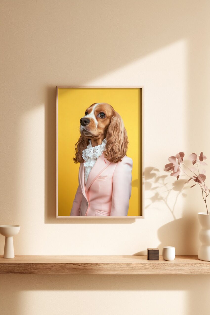 Fotografie Poster Cockerspaniel Hund elegant Anzug rosa gelb